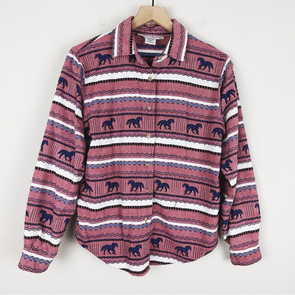 Vintage Western Horse Print Button Down Long Sleeve Cotton Shirt